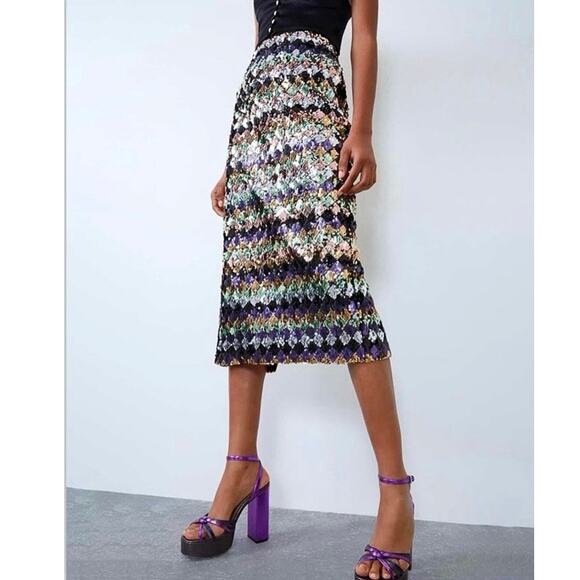Zara Sequin Glitter Metallic Multicolor Striped Diamond Slit Midi Skirt Size M - Picture 2 of 11